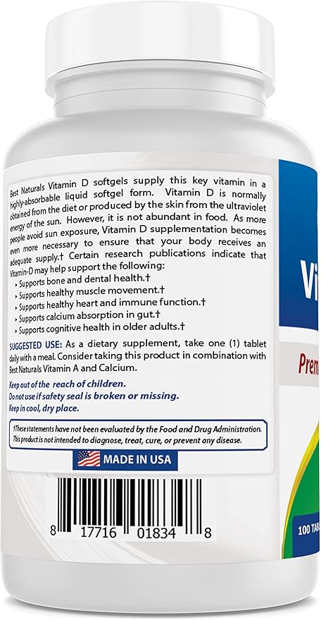 Best Naturals Vitamin D3 2000 IU (50 mcg) - 100 Tablets - 100 Days Supply - Helps Support Immune Health, Strong Bones and Teeth, & Muscle Function (100 Count (Pack of 3))