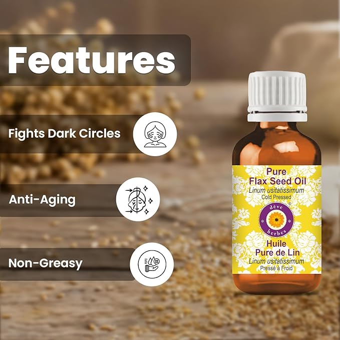 Deve Herbes Flax Seed Oil (Linum usitatissimum) | Cold Pressed | Pure | Natural | Undiluted | For Diluting Essential oils | For Skin & Massage | Non-Sticky | Lightweight | Men & Women | 50ml (1.69 oz)