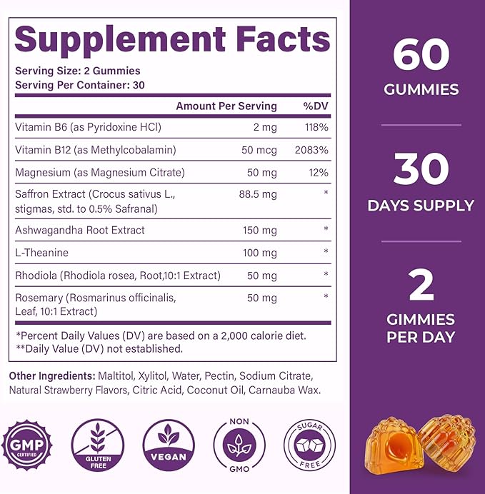 2 Pack Saffron Supplements Gummies, 88.5mg Pure Saffron Extract with Ashwagandha L-Theanine Rhodiola Rosemary Magnesium Vitamin B6 B12 for Mood Focus Support Adults Kids