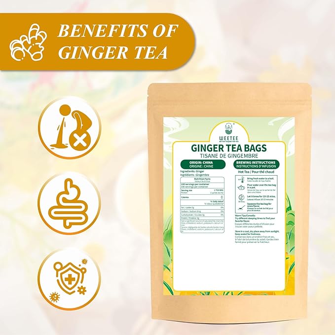 WT WEETEE Ginger Tea Bags, 100 Count Pure Ginger Root Tea, Warm & Spicy, Natural Caffeine Free Herbal Tea, No Spices & Flavors