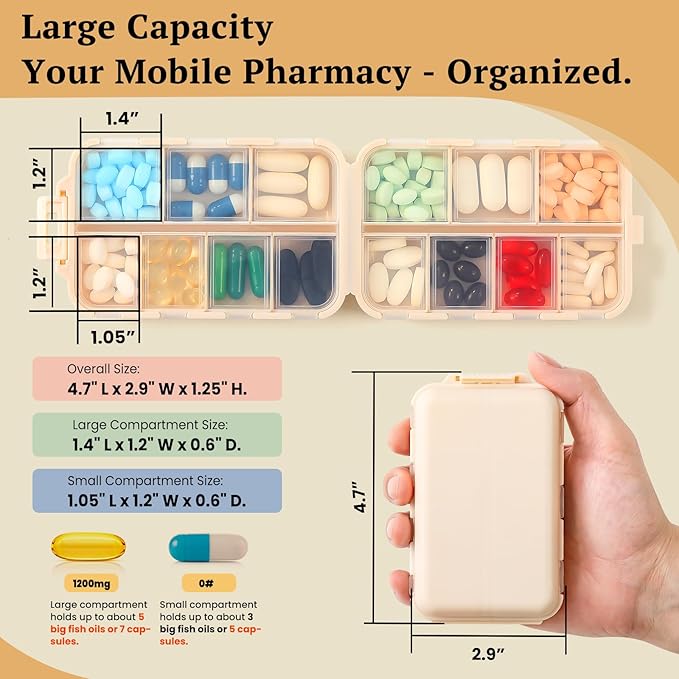 Travel Pill Organizer with Bulk Stickers & Labels - Small & Portable Week Daily Medicine Pharmacy for Pocket, Bag - 14-Compartment Foldable Supplement Box Holder for Fish Oil Vitamin - Khaki