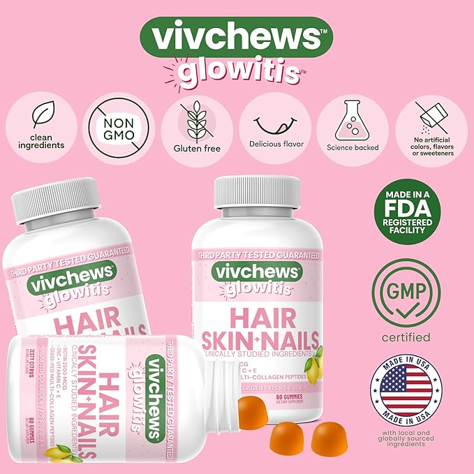 Glowitis Hair, Skin & Nails Gummies for Thick Hair, Strong Nails & Healthy Skin with Hydrolyzed Multi-Collagen Peptides, Biotin, Zinc, Vitamins C & E, Gluten-Free, Zesty Citrus Flavor, 60 Ct