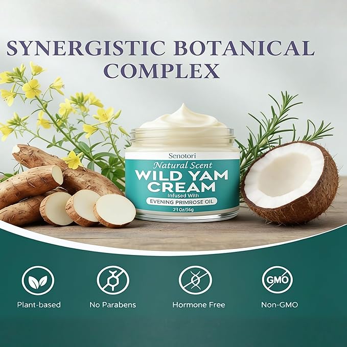 Wild Yam Cream infused with Evening Primrose - Botanical Wild Yam Root Balm for Women's Midlife Wellness – Menopause, Hormone Balance & Nighttime Comfort, Non-Greasy Cream – 2 Oz (Unscented)
