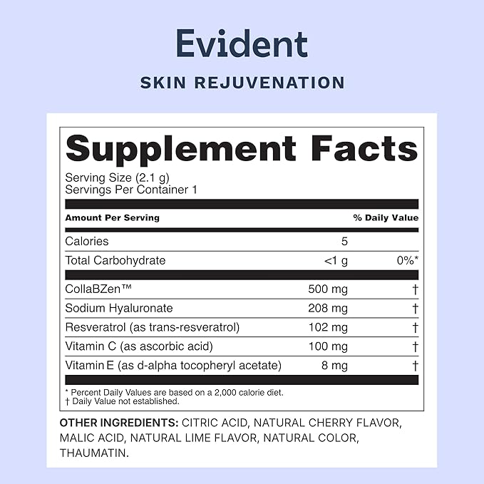 Skin Rejuvenation Powder – Collagen Supplement w/Resveratrol, Sodium Hyaluronate, CollaBZEn, Vitamins C & E – Supports Elasticity, Hydration, Firmness – 30 Stick Packs, Cherry Lime