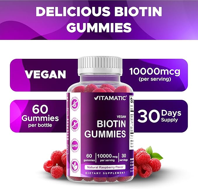 Vitamatic Biotin Gummies 10,000 mcg for Stronger Hair, Skin & Nails - 60 Vegan Gummies - Also Called Vitamin B7 (1 Bottle)