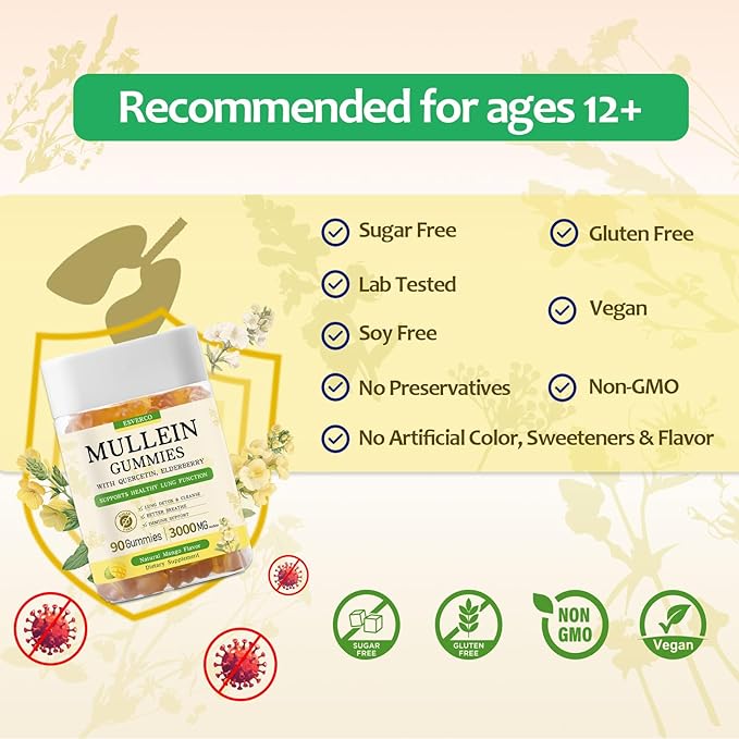 Mullein Gummies with 3600mg Mullein Leaf Extract, 7 in 1 for Lung Cleanse, Respiratory Lung Health, Immune Booster, Elderberry, Quercetin, Bromelain, No Sugar, for Adults, Vegan, 90 Count