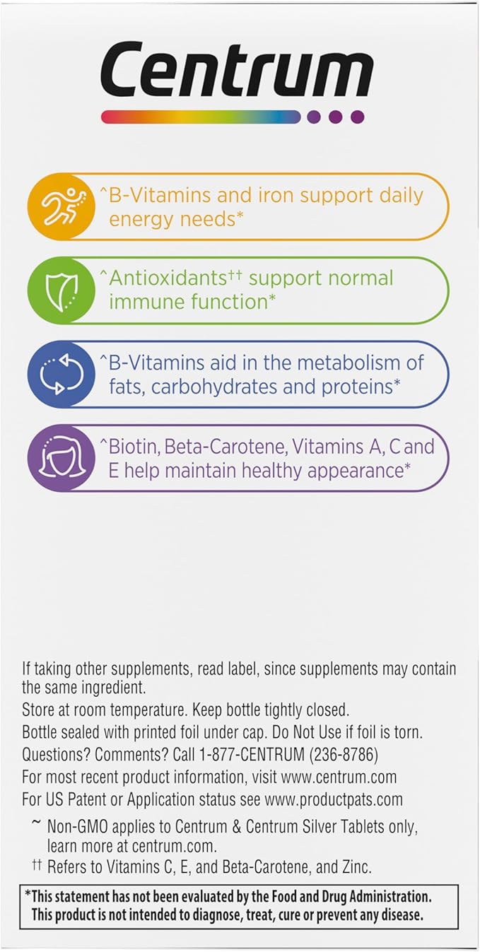 Centrum Multivitamin for Women, Multivitamin/Multimineral Supplement with Iron, Vitamin D3, B Vitamins and Antioxidant Vitamins C and E, Gluten Free, Non-GMO Ingredients - 65 Count