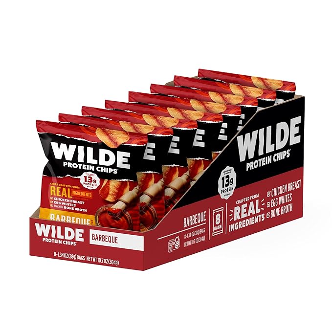 WILDE Protein Chips Barbeque, Thin and Crispy High Protein Snacks, Keto Friendly, Low Carb Chips, Real Ingredients, 1.34oz (Pack of 8)