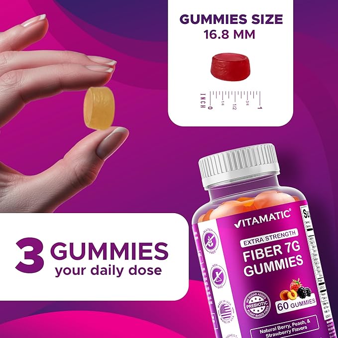 Vitamatic Prebiotic Fiber Gummies for Digestive Health & Regularity, Extra Strength, 7g Fiber per Serving, Zero Sugar Added, Made in USA, 60 Count (2 Pack)