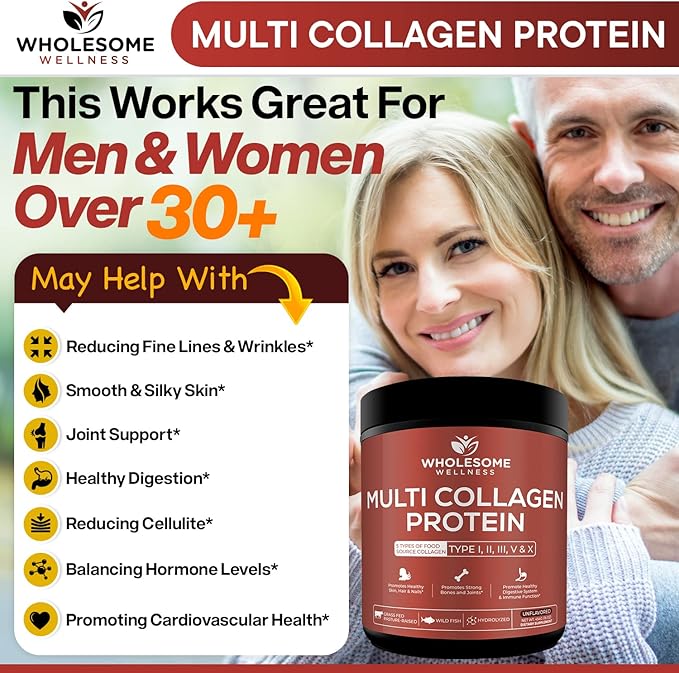 Wholesome Wellness Premium Multi Collagen Peptides Protein Powder for Women and Men, 5 Types of Hydrolyzed Collagen, Grass-Fed, Non-GMO & Unflavored, Pure Protein for Youthful Skin & Joint Recovery