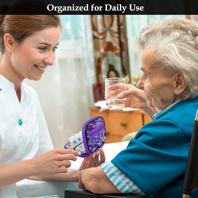 Serfeymi Weekly Travel Pill Organizer Pill Case for Purse with Removable 7 Day Pill Box, Fashionable Travel Medicine Organizer Pill Container for Medicine, Vitamin, Supplement - Black 03 + Purple 01