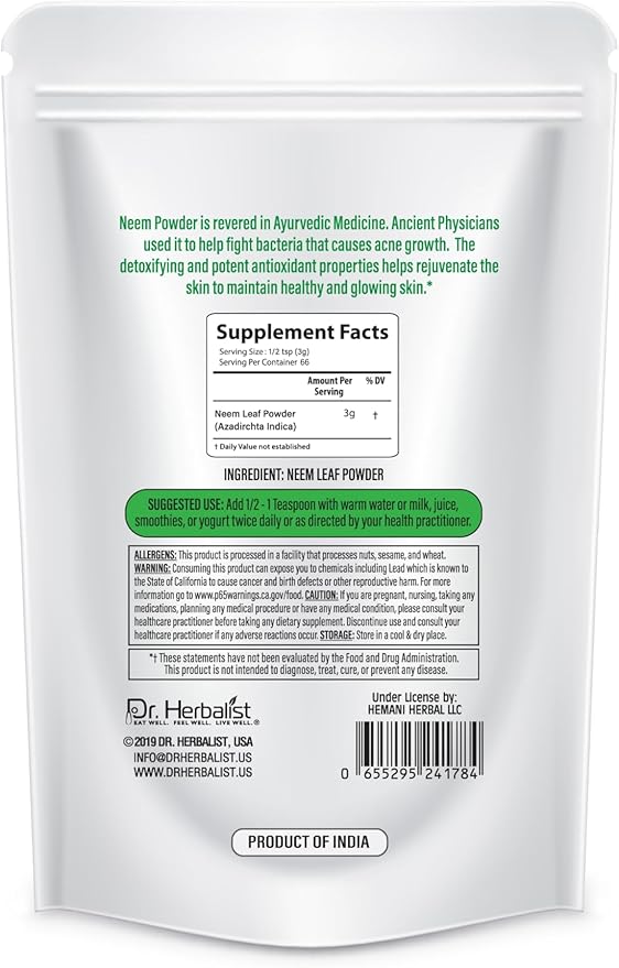 Dr. Herbalist Neem Leaf Powder 200g - Azadirachta Indica for Skin, Hair & Overall Wellness - 100% Natural, Vegan-Friendly & Cruelty-Free
