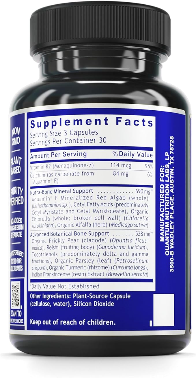 Quantum Nutrition Labs Quantum Bone Health - Bone Health Vitamins, Bone Strength Supplement for Women and Men, Organic Calcium Supplement with Fermented Vitamin K2, Bone Health Support - 90 Capsules