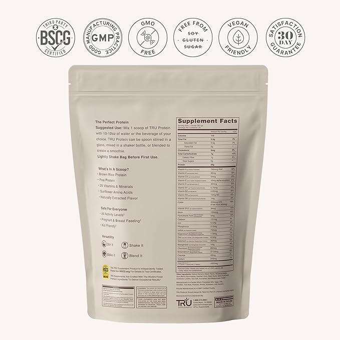 TRU Supplements Plant Based Protein Powder, BCAA, EAA, 20g Vegan Brown Rice & Pea Protein, 100 Calories, 27 Vitamins, No Artificial Flavors 25 Servings (Banana Maple Muffin)