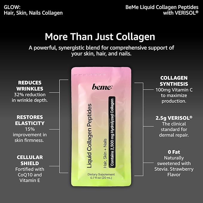 BeMe Liquid Collagen for Women — 2,500mg Hydrolyzed Bovine VERISOL Collagen Peptides Drink — Biotin, CoQ10 & Vitamin C Collagen Supplement for Hair, Skin & Nails — Strawberry, 30 Sachets