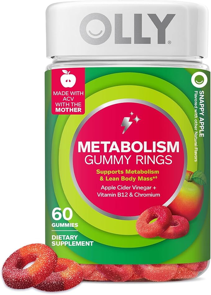 OLLY Metabolism Gummy Rings, Metabolism and Cellular Energy Chewable Supplement,* Apple Cider Vinegar, Vitamin B12, Chromium Picolinate, Apple Flavored, 60 Day Supply - 60 Count