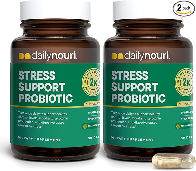 Daily Nouri Stress Support Probiotics for Women & Men | Mood & Cortisol Support | Gut-Brain Axis + Digestive Support | 3 Clinically Studied Strains + Omega | 60-Day Supply