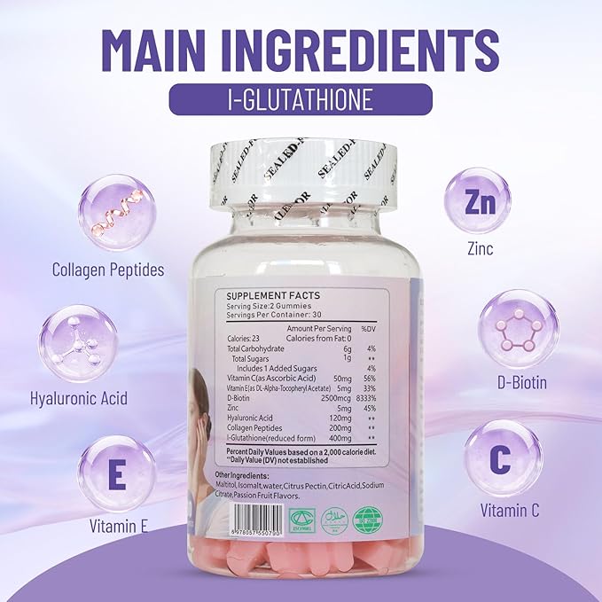 AIHIYO Skin Whitening Gummies, with I-Glutathione, Collagen and Bioth, Antioxidant & Skin Brighten, Anti-Aging, 60 Count