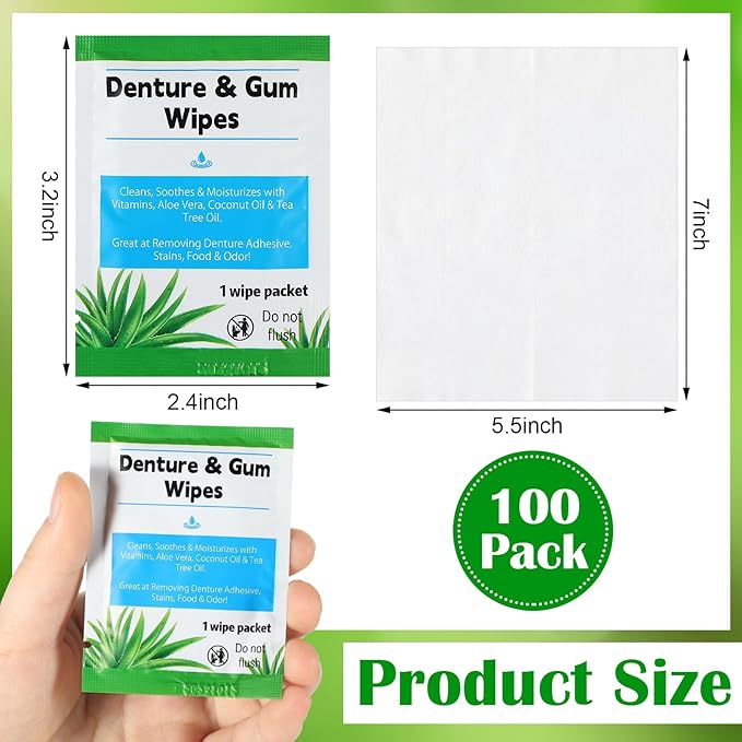 Timgle 100 Pcs Denture Cleaning Wipes Refreshes Mouth Deep Cleaning Wipes for Remove Denture Adhesive, Food Debris, Stains and Odor (Classic)