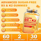 Vitamin D3 K2 Gummies for Women & Men, 6-in-1 Vitamin D Supplements with Magnesium, Zinc and Calcium for Bone, Immune & Energy Support, Sugar Free, Orange Flavor, 60 Count