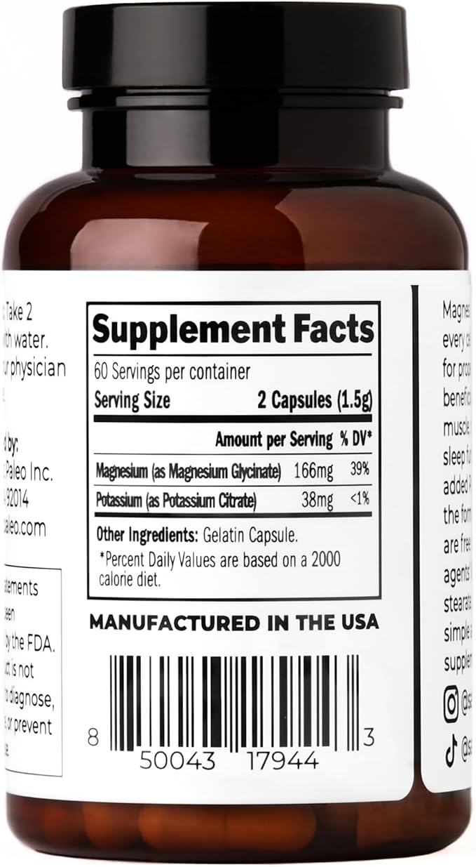 Santa Cruz Paleo Magnesium + Potassium Caps, Supplement for Men and Women, Paleo, Keto, Sugar & Gluten Free, Magnesium Glycinate 166mg and Potassium Citrate 38mg per Serving, American Made, 120 Caps