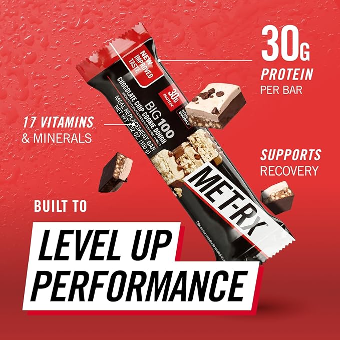 MET-Rx Big 100 Colossal Protein Bars, Chocolate Chip Cookie Dough Meal Replacement Bars, 9 Count (Pack of 1)