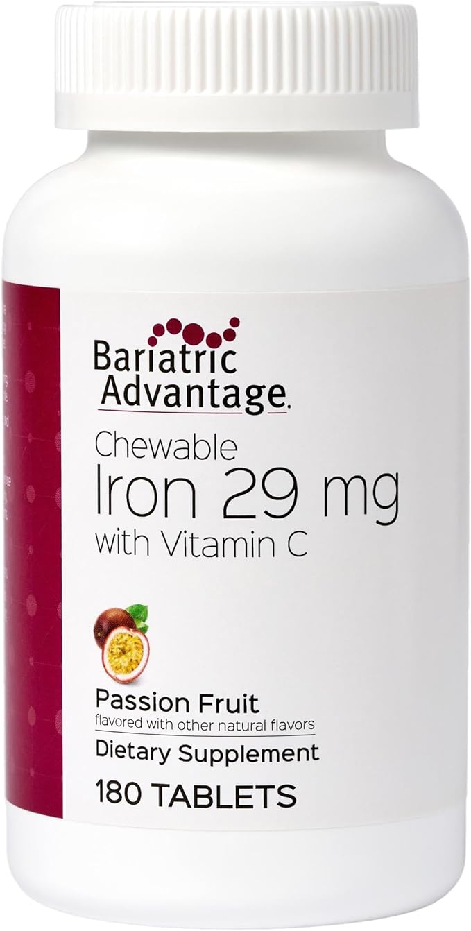Bariatric Advantage Chewable Iron 29 mg - for Bariatric Surgery Patients - Iron with Vitamin C - No Iron Taste - Ferrous Fumarate & Carbonyl Iron Supplement - Passion Fruit - 180 Count