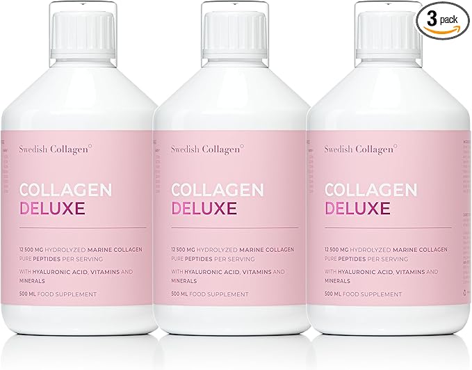 Swedish Collagen Deluxe | 12,500 mg Hydrolyzed Marine Collagen Liquid Supplement - 3 x 500 ml (1,500 ml in Total), 60 Day Supply | Hyaluronic Acid, Biotin & Vitamin C for Hair, Skin, Nails & Joints