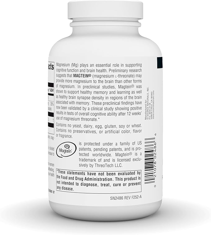 Source Naturals Magtein Magnesium L-Threonate, 667mg, Supports Focus, Mood, Healthy Memory, Cognitive Function - 180 Capsules