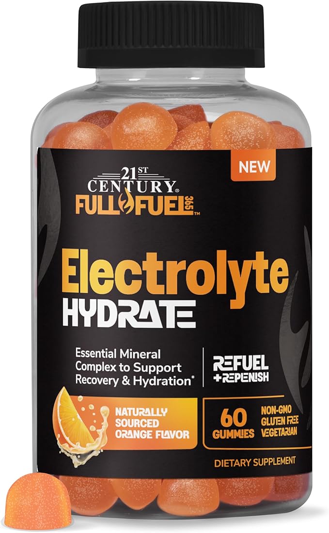 21st Century Full Fuel 365 Electrolyte Gummies, Orange Flavor, 60 Count, Daily Hydration and Electrolyte Replenishment with Potassium, Zinc, B-12, Magnesium