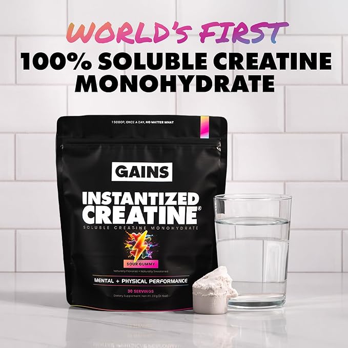 Gains in Bulk Instantized Creatine Monohydrate for Men & Women, Soluble Pre Workout Powder, Supports Muscle Building, Strength and Performance, Bodybuilding Supplements, Sour Gummy, 30 Servings