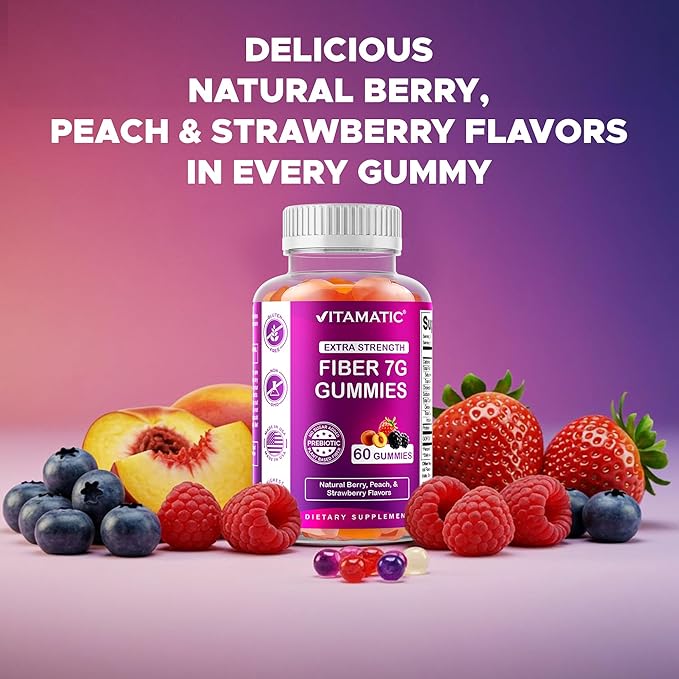 Vitamatic Prebiotic Fiber Gummies for Digestive Health & Regularity, Extra Strength, 7g Fiber per Serving, Zero Sugar Added, Made in USA, 60 Count (2 Pack)