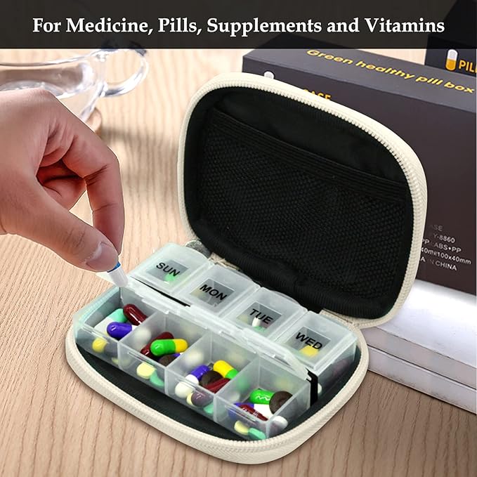 Serfeymi Weekly Travel Pill Organizer Pill Case for Purse with Removable 7 Day Pill Box, Fashionable Travel Medicine Organizer Pill Container for Medicine, Vitamin, Supplement - Bloom 02