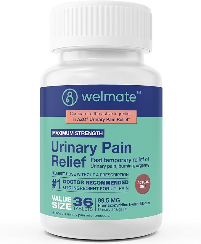 WELMATE Urinary Pain UTI Relief Maximum Strength (Phenazopyridine HCL) - Improve Urinary Tract Health & Bladder Control, Urgency, & Discomfort | Over-The-Counter Medication for Men & Women (36 Pills)