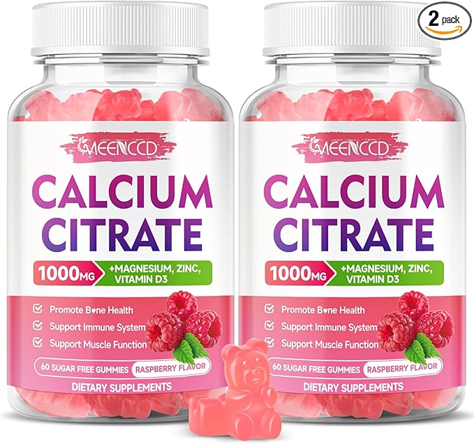 2 Pack Calcium Citrate Gummies 1000mg w/Vitamin D3, High Absorption Calcium Gummies for Women & Men, Plus Magnesium, Potassium, Zinc for Muscle & Immune Support, Raspberry Flavor, 120 Count