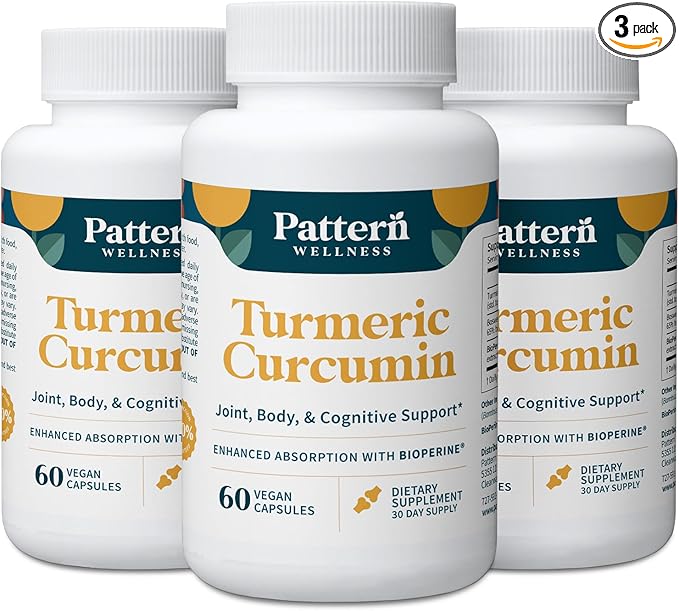 Pattern Wellness Turmeric Curcumin – 95% Curcuminoids with BioPerine® Black Pepper – Supports Joint, Cognitive & Immune Health – Non-GMO, Gluten Free – 180 Capsules