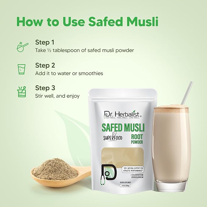 Dr. HERBALIST | 100% Natural Safed Musli Powder 200g (7.05 oz) | Premium Quality for Traditional Use, DIY, Herbal Blends & Wellness Rituals