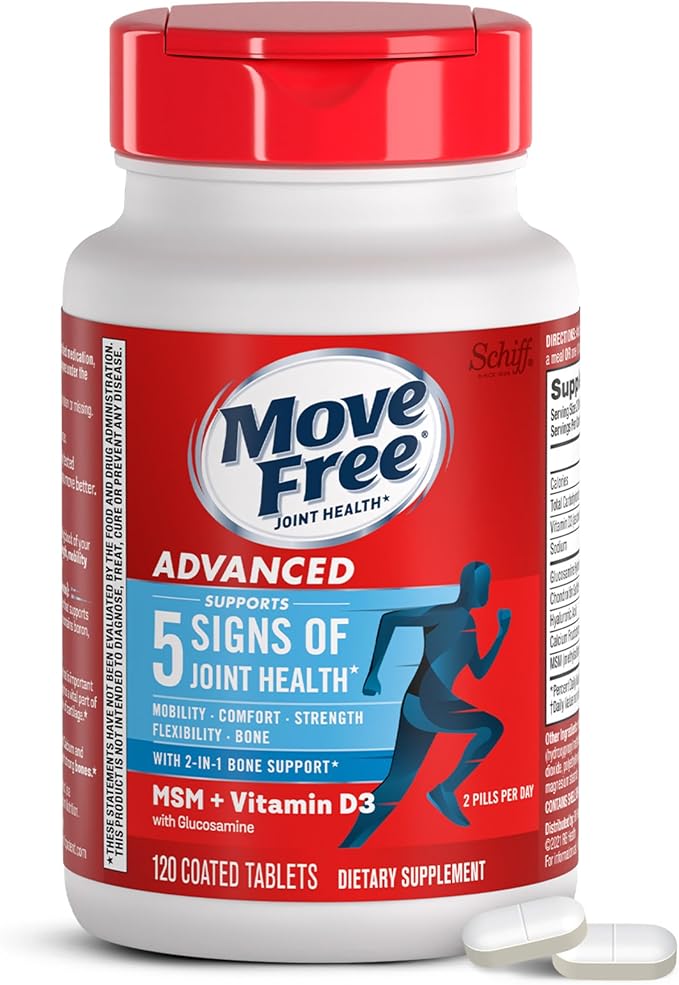 Move Free Advanced Glucosamine Chondroitin MSM + Vitamin D3 Joint Support Supplement, Supports Mobility Comfort Strength Flexibility & Bone + Immune Health - 120 Tablets (40 servings)*