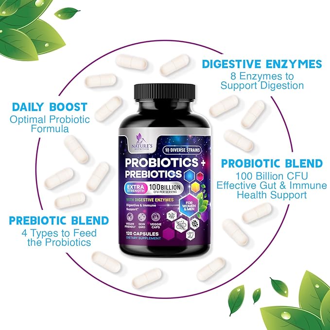 Probiotics 100 Billion CFU Per Serving - 10 Probiotic Strains & Prebiotics - Digestive Gut Health, Immune Support & Occasional Constipation, Gas & Bloating - Daily Supplement For Adults - 120 Capsules