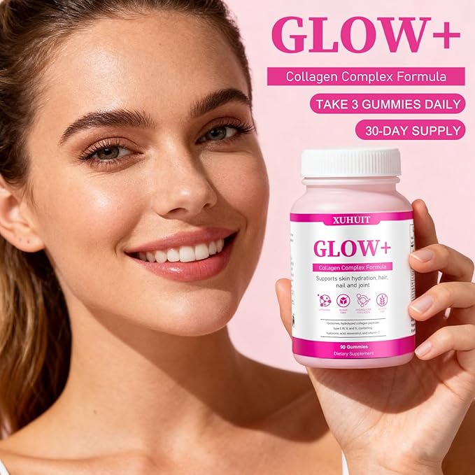 Glow Collagen Gummies with Hyaluronic Acid & Resveratrol | Gentle Support for Skin, Hair & Nail Care | Non-GMO | 90 Count (1)