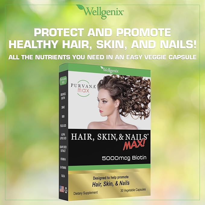 Wellgenix Purvana MAX Hair Skin and Nails Supplement – 5000mcg Biotin with MSM & B-Complex – Supports Thicker Hair, Stronger Nails & Glowing Skin – 60 Veggie Capsules (2 Pack)