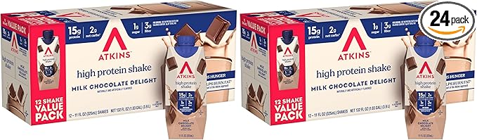 Atkins Milk Chocolate Delight Protein Shake, 15g Protein, Low Glycemic, 2g Net Carb, 1g Sugar, Keto Friendly, 12 Count (Pack of 2)