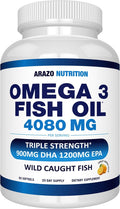 Arazo Nutrition Wild Caught Omega-3 Fish Oil Concentrate – 4,080mg per Serving – High EPA 1200mg & DHA 900mg – 60 Burpless Lemon Softgels