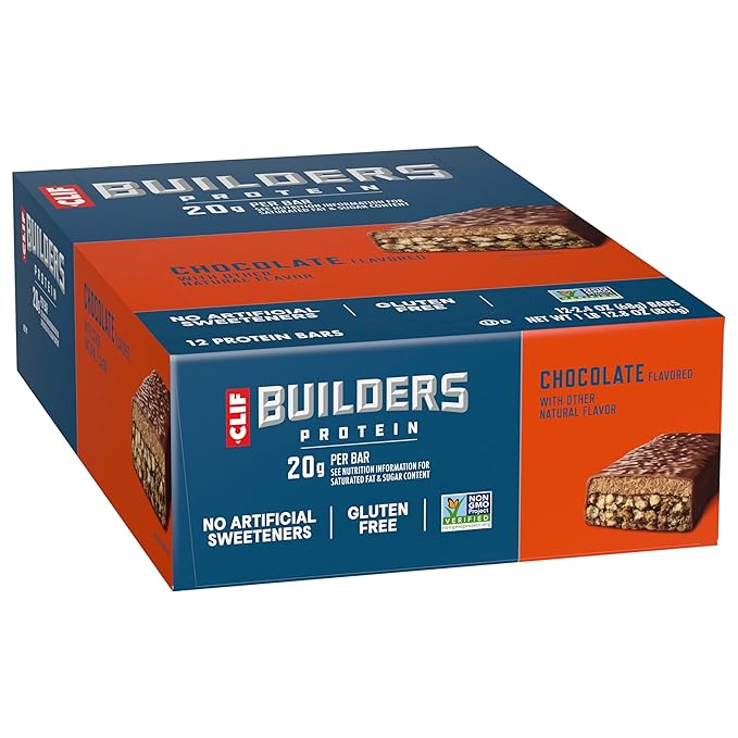 Clif Builders Protein Bars - Chocolate Flavor - 20g Plant Based Protein - Gluten Free - Non-GMO - Low Glycemic - No Artificial Sweeteners - 2.4 oz. (12 Pack)