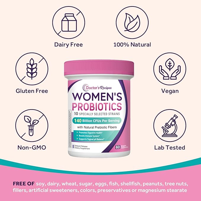 Doctor's Recipes Probiotics for Women, Organic Prebiotics and Probiotics for Digestive Health, Vaginal Health, 140 Billion CFU, 10 Strains, Shelf Stable, 60 Capsules