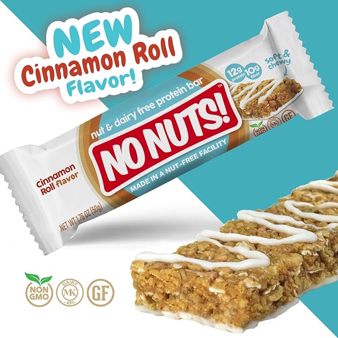 No Nuts! Cinnamon Roll Flavor Snack Bars - 100% Nut-Free Dairy Free Vegan Protein Bars, Organic, Kosher, Egg-Free, Non-GMO, 12g Protein, 10g Fiber, 12 Count