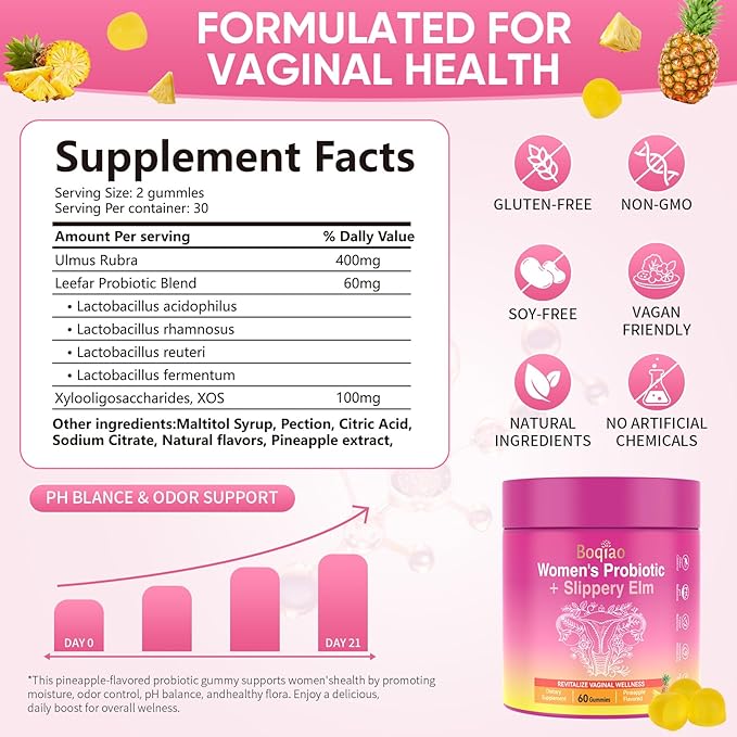 Feminine Probiotics Gummies with Slippery Elm - 60 Pineapple Gummies for Women ph Balance, Vaginal Probiotics Supports Flora, Gut Health & Immune System, Prebiotics & Lactobacillus Blend (Pineapple)