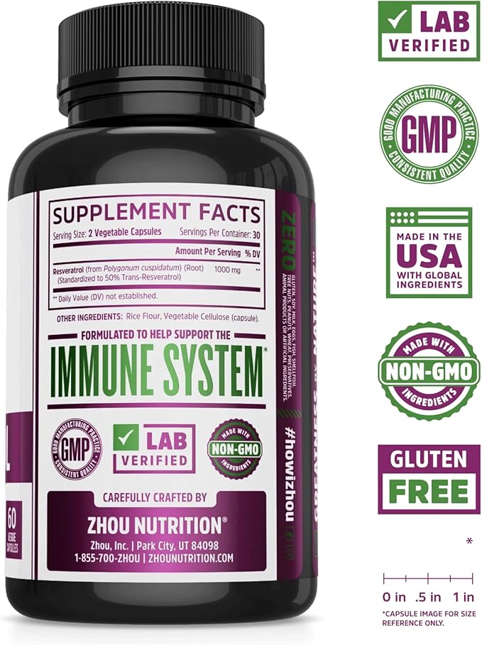 ZHOU Resveratrol - Resveratrol 1000mg Nutritional Supplement for Women & Men, Pure Ultra Strength Heart Health and Antioxidant Support Formula - 60 Veggie Capsules