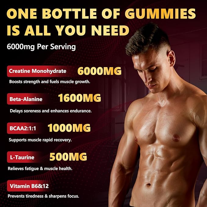 Creatine Monohydrate Gummies 6000mg for Men & Women, Sugar Free Creatine Gummy for Pre & Post Workout, High Absorption Supplement with BCAA, Support Boost Strength, Endurance & Muscle Recovery