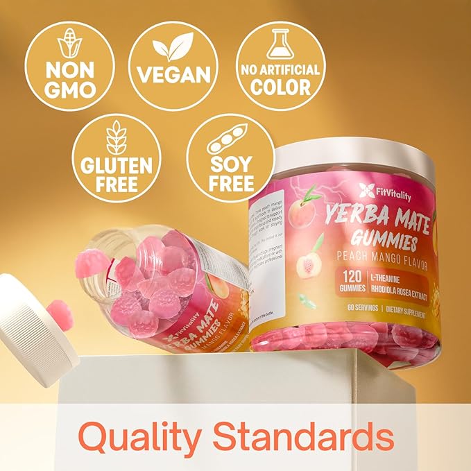 60 Yerba Mate Gummies - Formulated with L-Theanine, Rhodiola Rosea, Ginseng, Choline, B12 – Peach Mango Flavor – Vegan, Gluten-Free, Non-GMO
